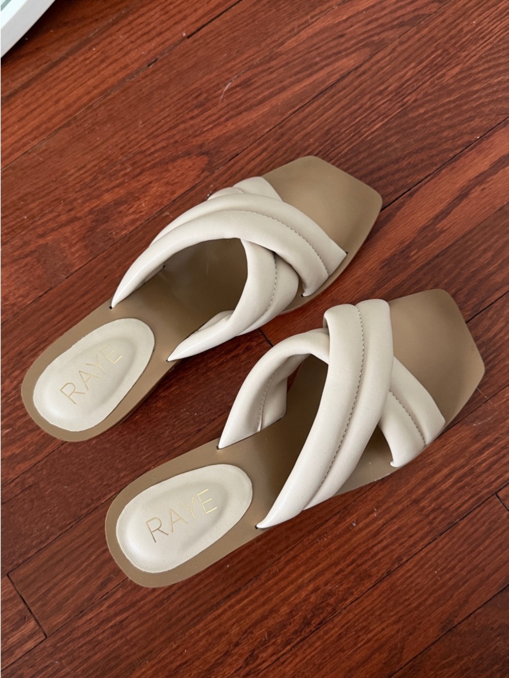 RAYE Padded Cross-Strap Slide Sandals in Cream and Tan